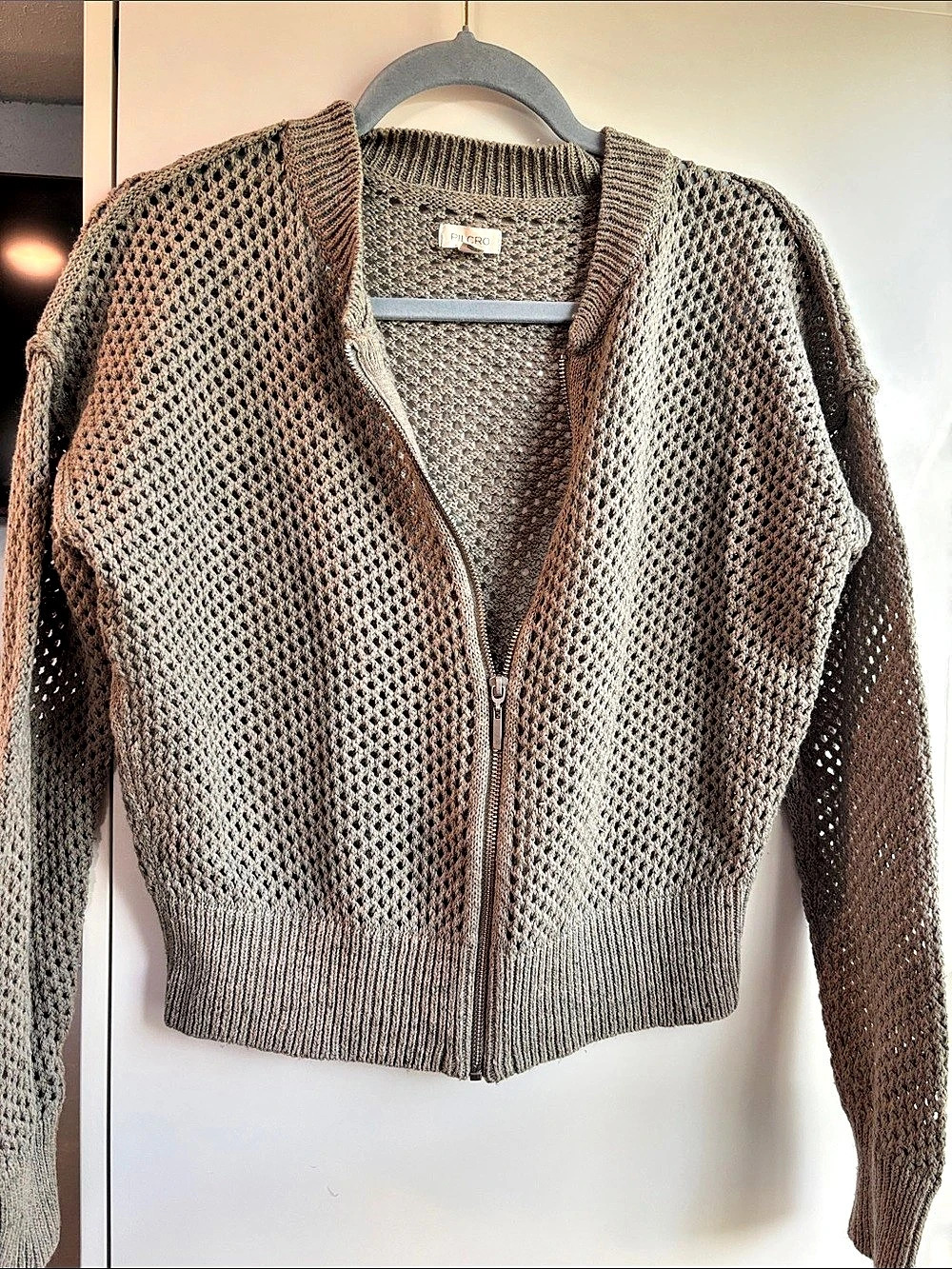 PILCRO Juniper Open-Knit Bomber Cardigan Gray Small